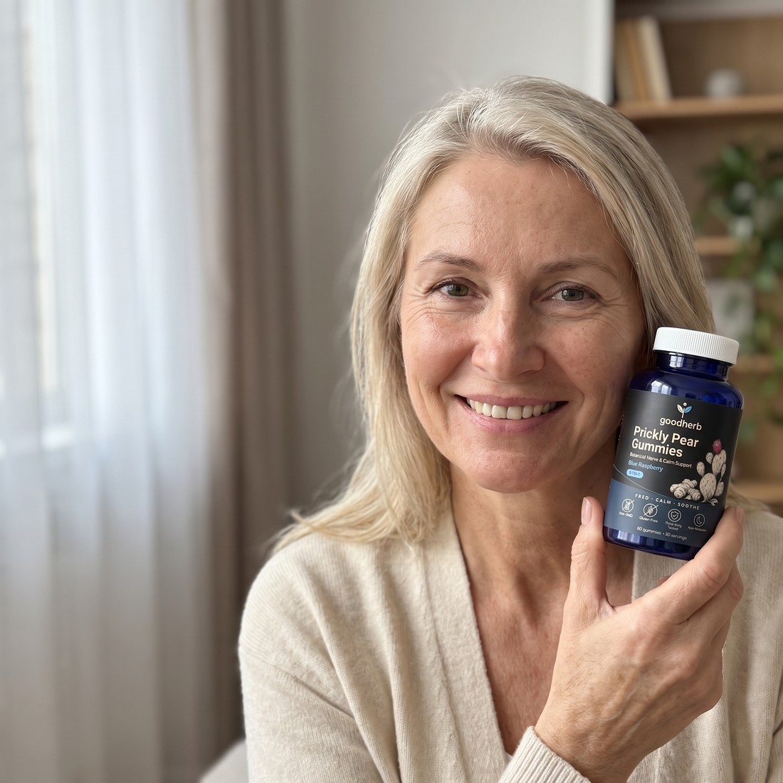 Woman holding Goodherb Prickly Pear Gummies at home