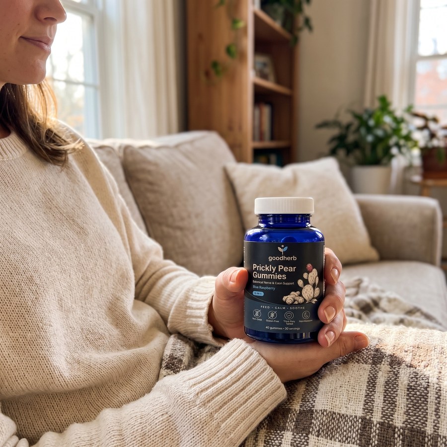 Person holding Prickly Pear Gummies by Goodherb bottle