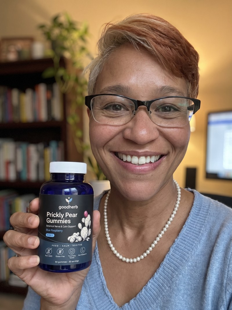Susan L. holding Goodherb Prickly Pear Gummies